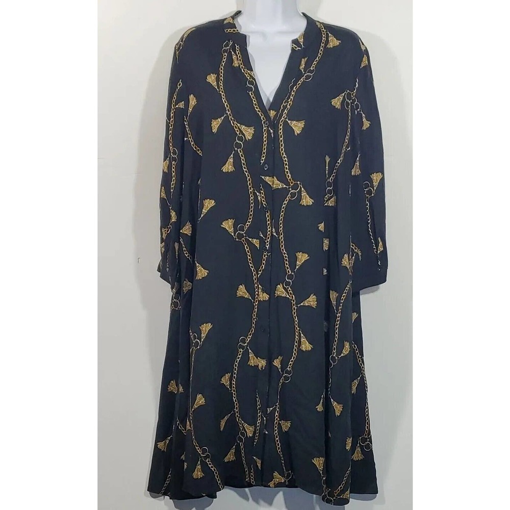 H&M Sz 10 V-Neck Black Gold Chain Tassel Print Button Down Shirt Viscose Dress